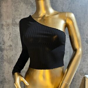 PrettyLittleThing Black Ribbed Asymmetric Top